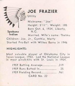1960 Darigold Farms Spokane Indians #22 Joe Frazier Back
