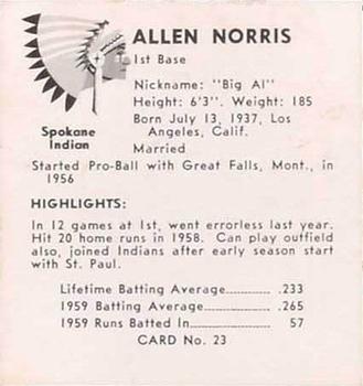 1960 Darigold Farms Spokane Indians #23 Allen Norris Back