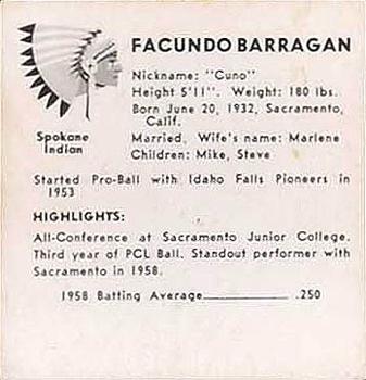 1959 Darigold Farms Spokane Indians #NNO Facundo Barragan Back