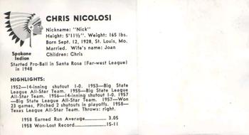 1959 Darigold Farms Spokane Indians #NNO Chris Nicolosi Back