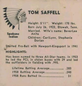 1959 Darigold Farms Spokane Indians #NNO Tom Saffell Back