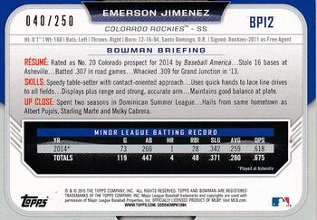 2015 Bowman - Prospects Purple #BP12 Emerson Jimenez Back