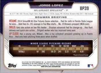 2015 Bowman - Prospects Yellow #BP39 Jorge Lopez Back