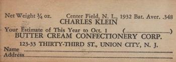 1933 Butter Cream (R306) #NNO Chuck Klein Back