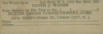 1933 Butter Cream (R306) #NNO Lloyd Waner Back