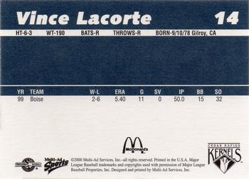 2000 Multi-Ad Cedar Rapids Kernels #14 Vince LaCorte Back