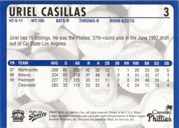2000 Multi-Ad Clearwater Phillies #NNO Uriel Casillas Back