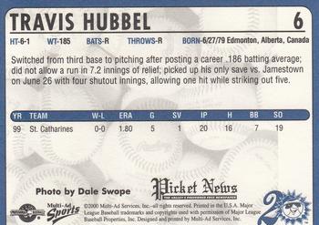 2000 Multi-Ad Hagerstown Suns #6 Travis Hubbel Back