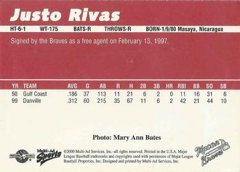2000 Multi-Ad Macon Braves #NNO Justo Rivas Back