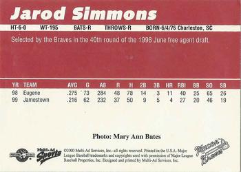 2000 Multi-Ad Macon Braves #NNO Jerod Simmons Back