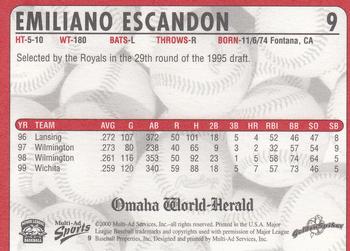 2000 Multi-Ad Omaha Golden Spikes #9 Emiliano Escandon Back
