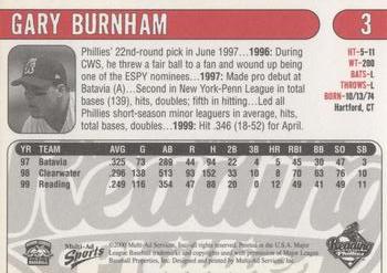 2000 Multi-Ad Reading Phillies #3 Gary Burnham Back