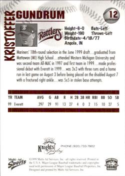 2000 Multi-Ad Wisconsin Timber Rattlers #12 Kristoffer Gundrum Back