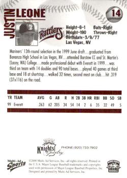 2000 Multi-Ad Wisconsin Timber Rattlers #14 Justin Leone Back