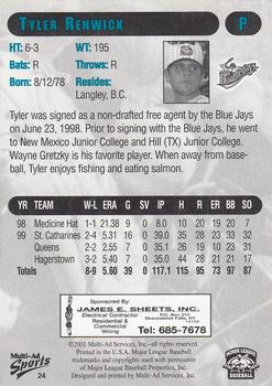 2001 Multi-Ad Auburn Doubledays #24 Tyler Renwick Back