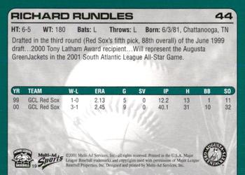 2001 Multi-Ad Augusta GreenJackets #19 Richard Rundles Back