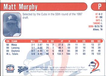 2001 Multi-Ad Daytona Cubs #20 Matt Murphy Back
