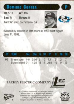2001 Multi-Ad Greensboro Bats #8 Dominic Correa Back