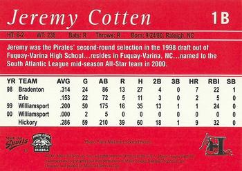 2001 Multi-Ad Hickory Crawdads #15 Jeremy Cotten Back