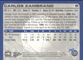 2001 Multi-Ad Iowa Cubs #25 Carlos Zambrano Back