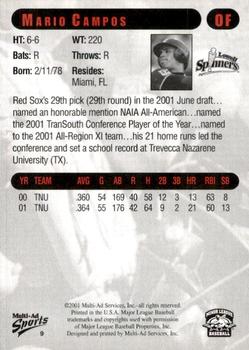 2001 Multi-Ad Lowell Spinners #9 Mario Campos Back