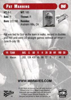 2001 Multi-Ad Macon Braves #11 Pat Manning Back