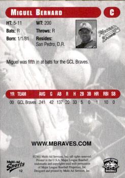 2001 Multi-Ad Macon Braves #12 Miguel Bernard Back