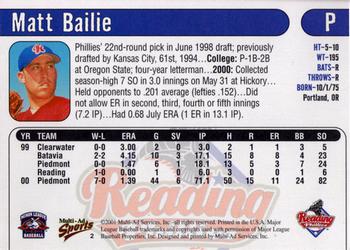 2001 Multi-Ad Reading Phillies #2 Matt Bailie Back