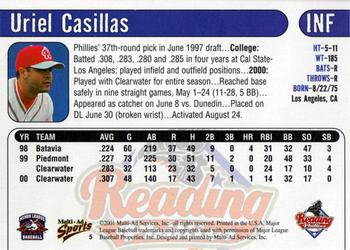 2001 Multi-Ad Reading Phillies #5 Uriel Casillas Back