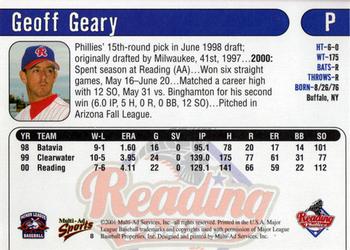2001 Multi-Ad Reading Phillies #8 Geoff Geary Back