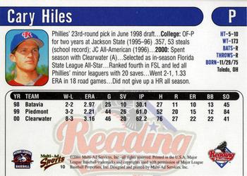 2001 Multi-Ad Reading Phillies #10 Cary Hiles Back
