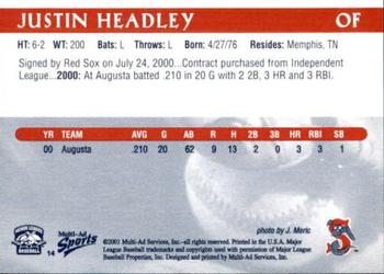 2001 Multi-Ad Sarasota Red Sox #14 Justin Headley Back