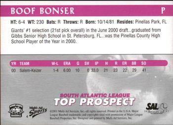 2001 Multi-Ad South Atlantic League Top Prospects #4 Boof Bonser Back