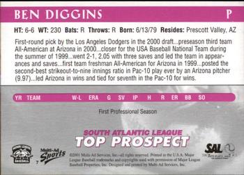 2001 Multi-Ad South Atlantic League Top Prospects #7 Ben Diggins Back