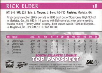2001 Multi-Ad South Atlantic League Top Prospects #9 Rick Elder Back