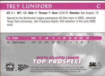 2001 Multi-Ad South Atlantic League Top Prospects #17 Trey Lunsford Back
