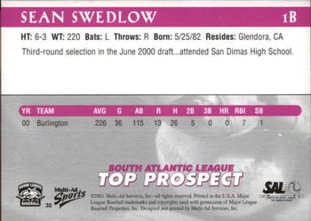 2001 Multi-Ad South Atlantic League Top Prospects #30 Sean Swedlow Back