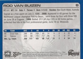 2001 Multi-Ad Wilmington Waves #24 Rod Van Buizen Back