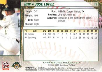 2001 Choice Lynchburg Hillcats #14 Jose Lopez Back