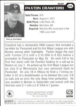 2001 Choice Pawtucket Red Sox #09 Paxton Crawford Back