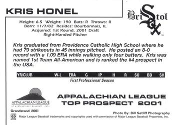 2001 Grandstand Appalachian League Top Prospects #NNO Kris Honel Back