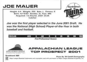 2001 Grandstand Appalachian League Top Prospects #NNO Joe Mauer Back