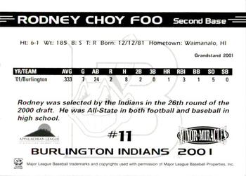 2001 Grandstand Burlington Indians #11 Rodney Choy Foo Back