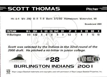2001 Grandstand Burlington Indians #28 Scott Thomas Back