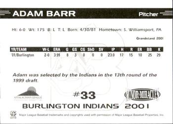2001 Grandstand Burlington Indians #33 Adam Barr Back
