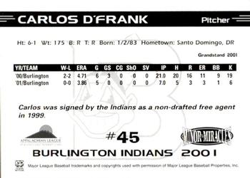 2001 Grandstand Burlington Indians #45 Carlos D'Frank Back