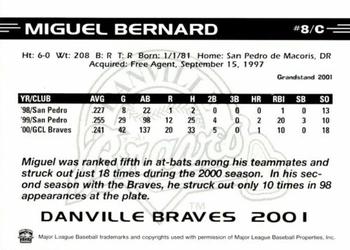 2001 Grandstand Danville Braves #NNO Miguel Bernard Back