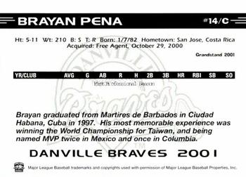 2001 Grandstand Danville Braves #NNO Brayan Pena Back