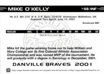 2001 Grandstand Danville Braves #NNO Mike O'Kelly Back