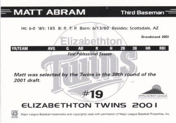 2001 Grandstand Elizabethton Twins #NNO Matt Abram Back